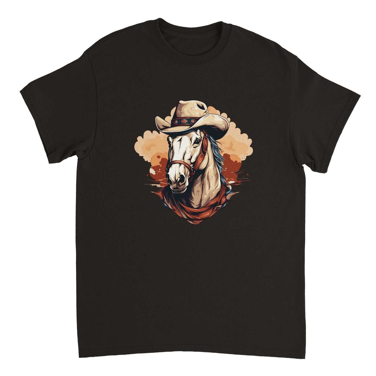 Die Vorderseite eines dunklen Tshirts auf dem ein im Comic-Stil gezeichnetes Westernpferd abgebildet ist, welches einen Cowboyhut trägt. Der Hintergrund ist weiß.