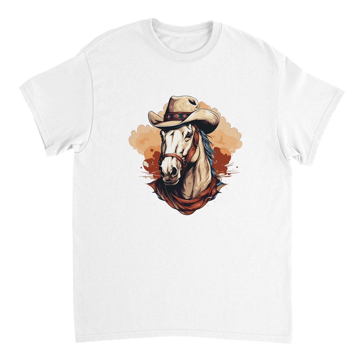 Die Vorderseite eines weißen Tshirts auf dem ein im Comic-Stil gezeichnetes Westernpferd abgebildet ist, welches einen Cowboyhut trägt. Der Hintergrund ist weiß.