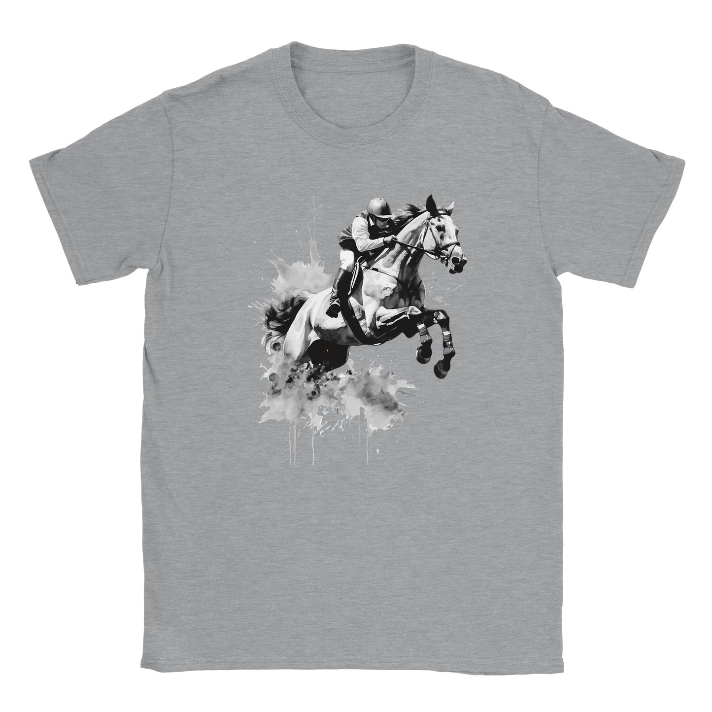 Die Vorderseite eines grauen Tshirts auf dem ein Jockey in einem schwarz weißen Motiv durch eine Explosion springt, der Hintergrund ist weiß