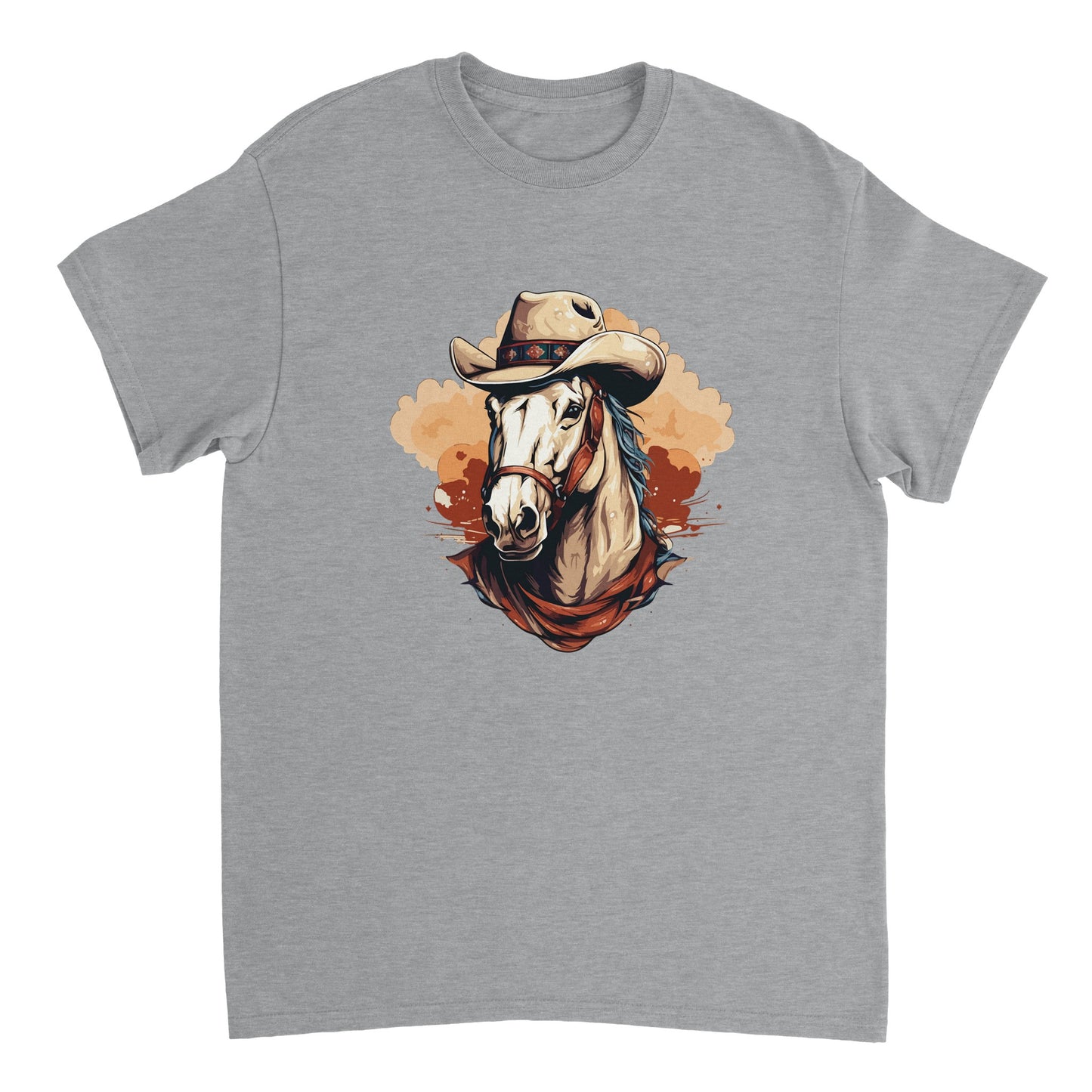 Die Vorderseite eines grauen T-shirts auf dem ein im Comic-Stil gezeichnetes Westernpferd abgebildet ist, welches einen Cowboyhut trägt. Der Hintergrund ist weiß.