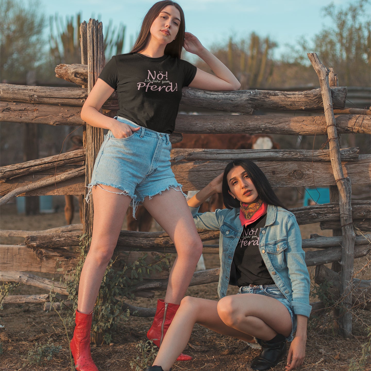 Zwei im Country-Stil gekleidete Frauen vor einem Weidezaun in Hotpants und einem schwarzen Tshirt auf dem "Nö, ich fahre zum Pferd" steht