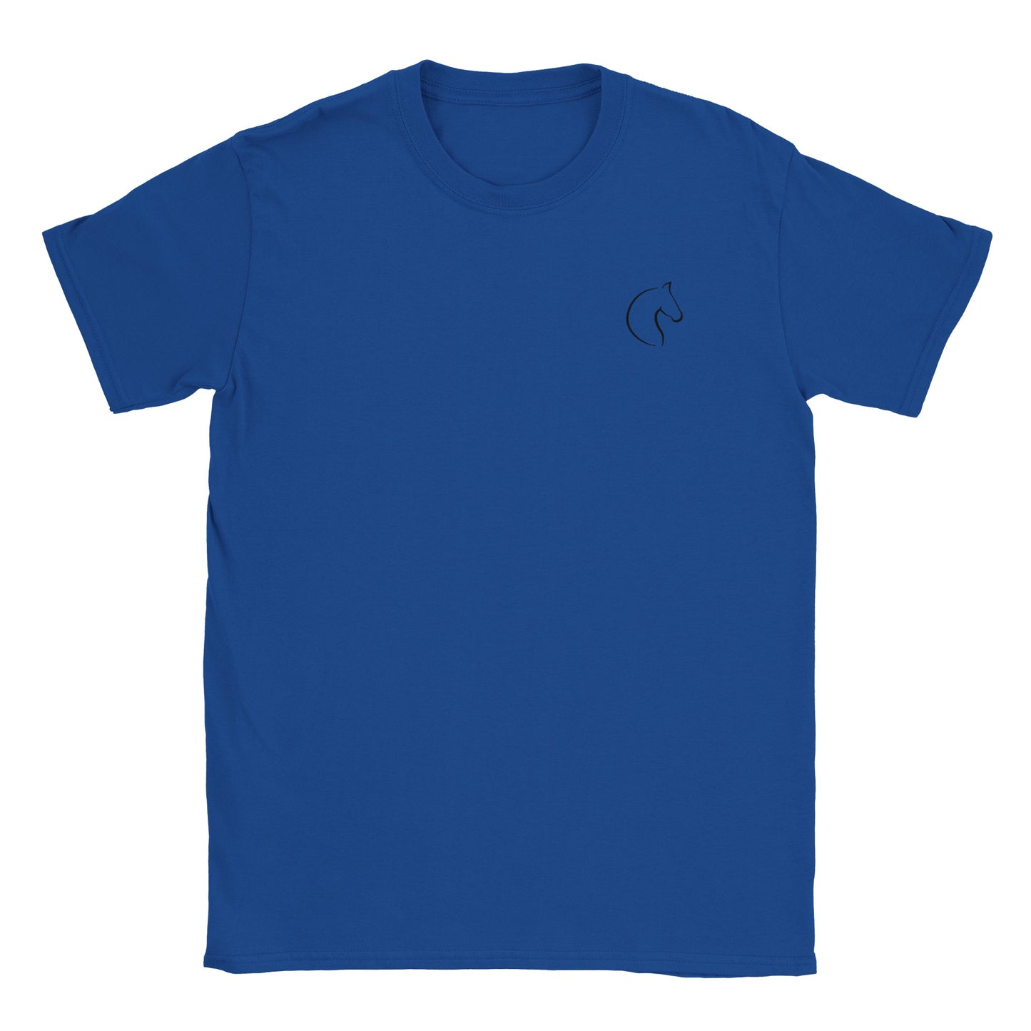 Die Vorderseite eines dunkelblauen Tshirts auf dem  auf brusthöhe eine kleiner Pferdekopf zu sehen ist, der Hintergrund ist weiß