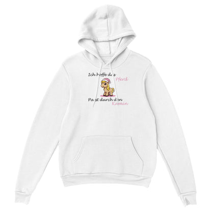 Weißer Kapuzen-Pullover auf dem ein Pferd abgebildet ist und der Text "Ich hoffe das Pferd passt durch den Kamin", der Hintergrund ist weiß