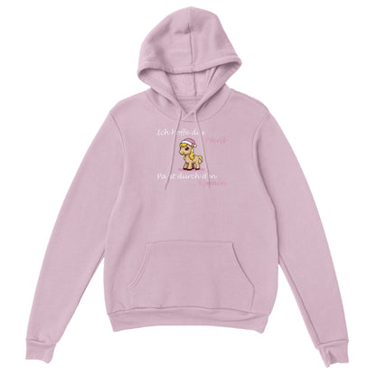 Rosa Kapuzen-Pullover auf dem ein Pferd abgebildet ist und der Text "Ich hoffe das Pferd passt durch den Kamin", der Hintergrund ist weiß