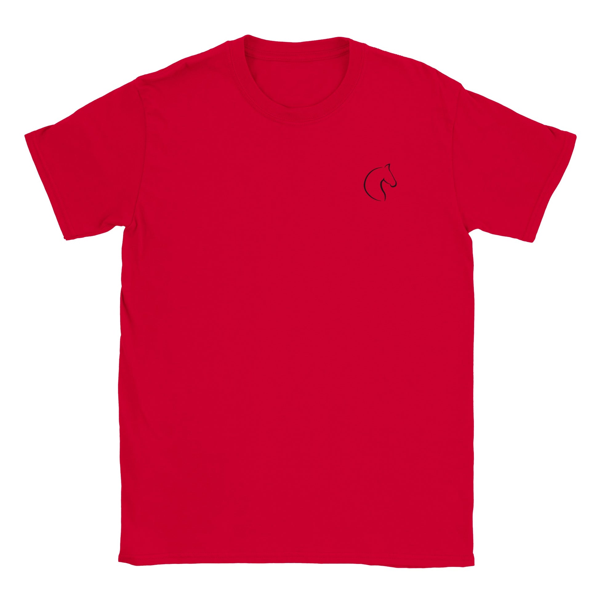 Die Vorderseite eines roten Tshirts auf dem  auf brusthöhe eine kleiner Pferdekopf zu sehen ist, der Hintergrund ist weiß